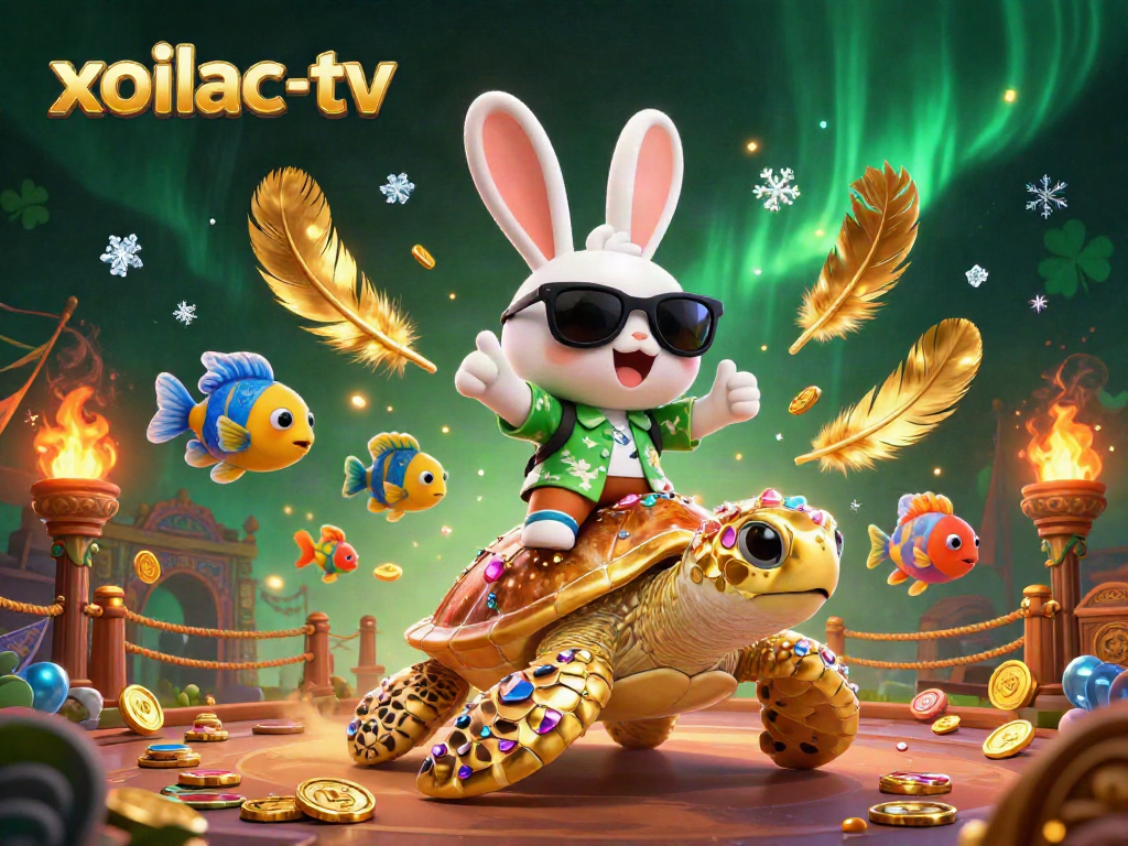 Xoilac-TV showcases an exciting 3D scene featuring a lucky rabbit and a golden turtle, celebrating online sports betting.