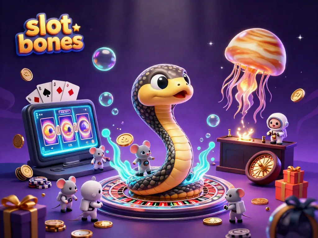 Engaging slot bonus scene with astronaut mice betting on a snake-shaped roulette wheel amidst cosmic elements.