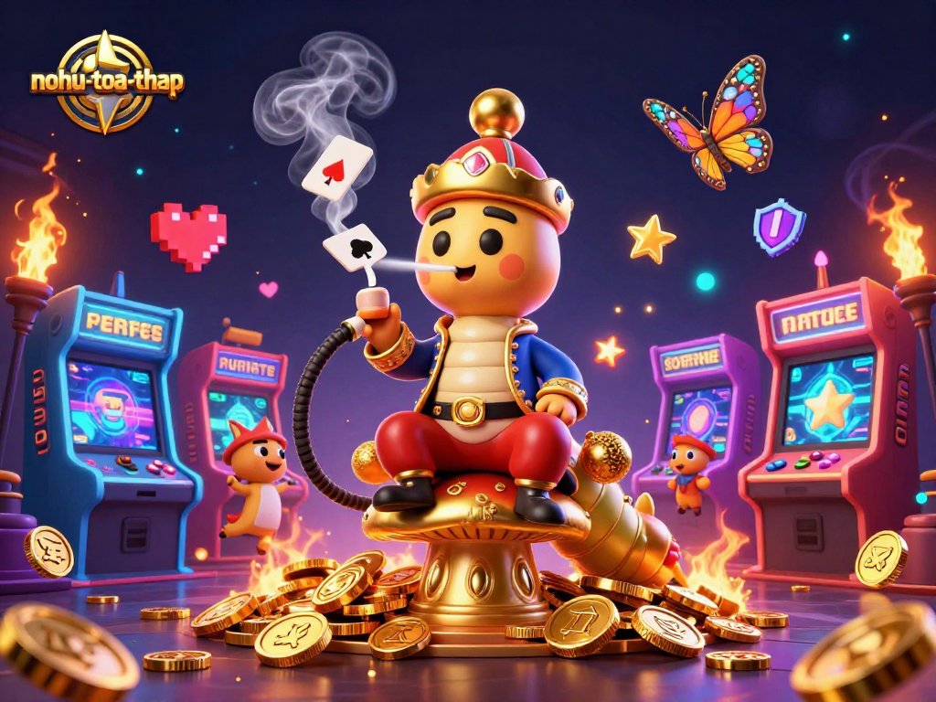 Experience the excitement of nohu-toa-thap with vibrant 3D characters and casino games in a colorful scene.