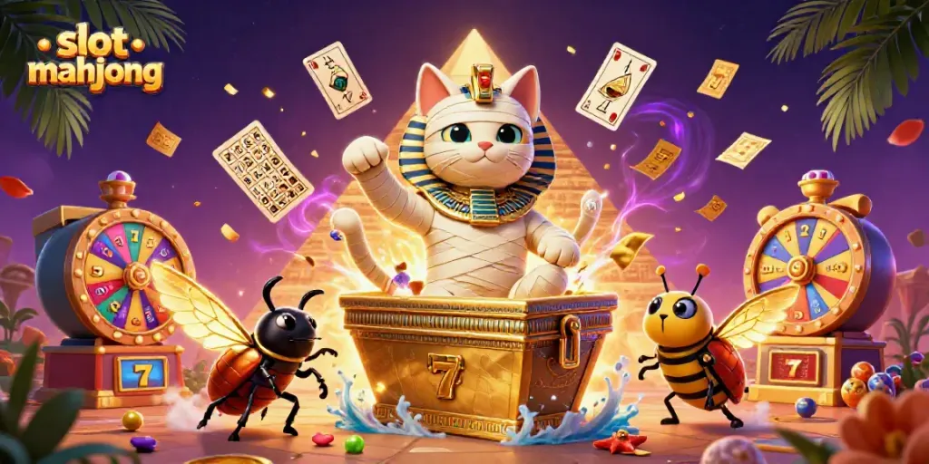 Mainkan slot mahjong dengan mumi kucing dan skarab yang bersinar di kasino piramida.