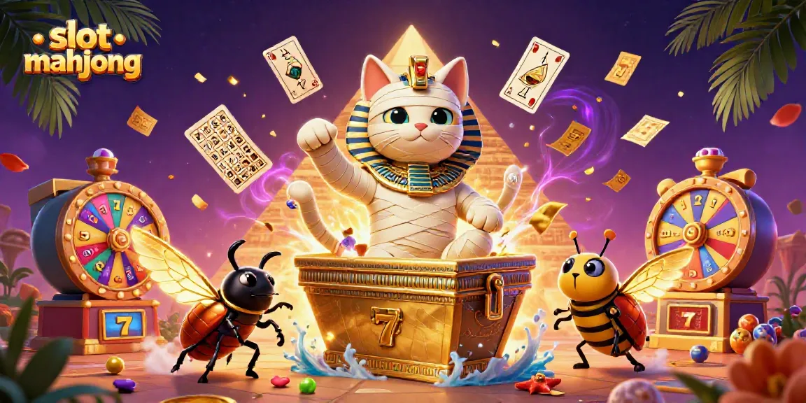 Mainkan slot mahjong dengan mumi kucing dan skarab yang bersinar di kasino piramida.