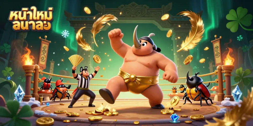 Experience thrilling หนังใหม่ชนโรง action with a sumo beetle champion stomping coins, surrounded by vibrant casino elements.