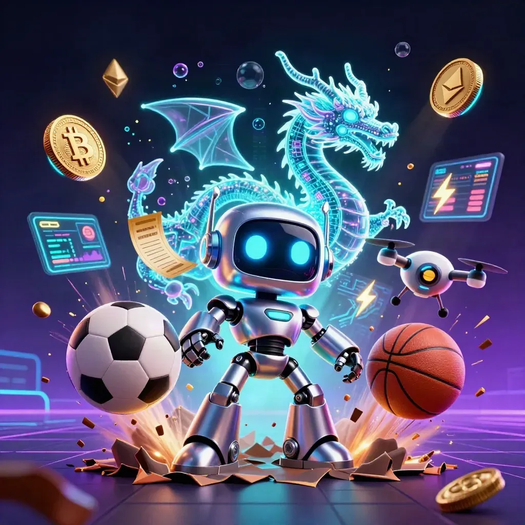 Cyberpunk robot, AI dragon, and coin drone amid soccer and basketball burst, neon casino glow.