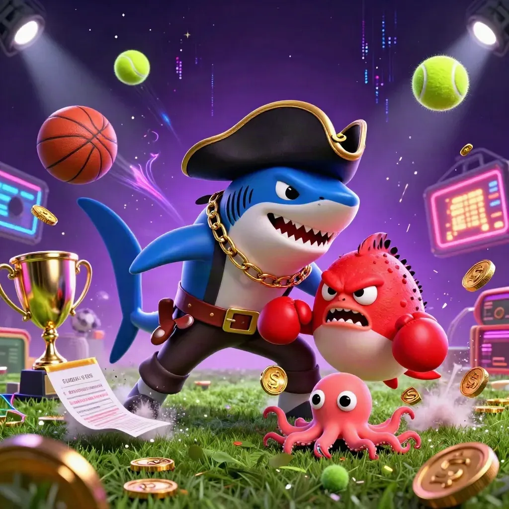 Pirate shark, pufferfish, and octopus amid flying sports balls, coins, and casino lights.