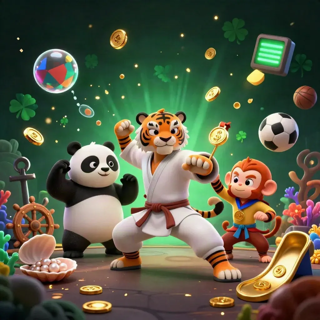 Kung-fu tiger, panda, and monkey amid treasure cove casino effects, balls, coins, and dramatic gold light.