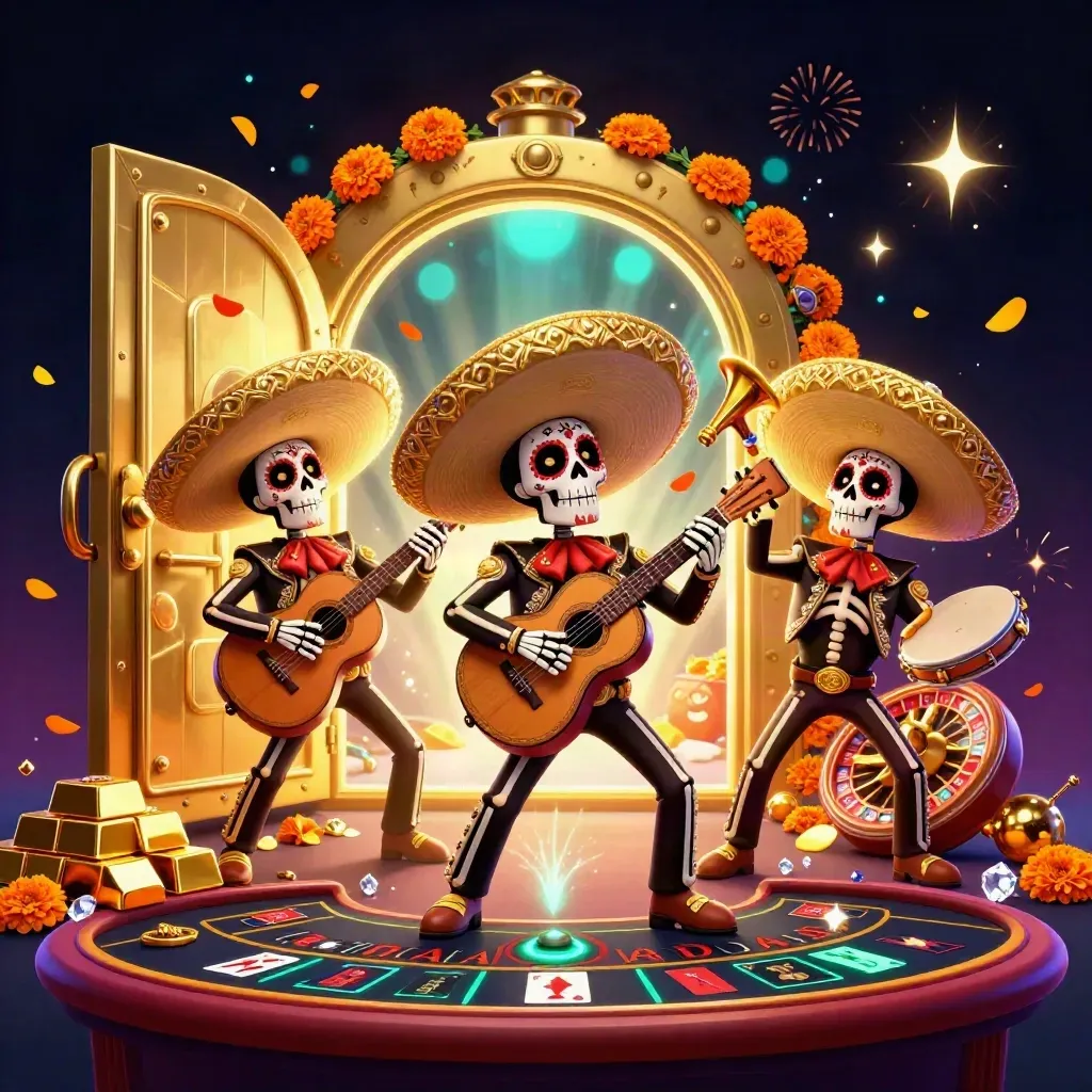 Mariachi skeleton trio amid vault light, gold bars, roulette spin, confetti, and dark casino glow.