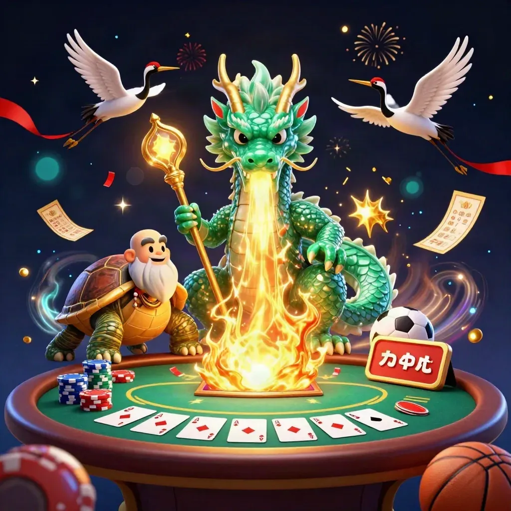 Emerald dragon, turtle sage, cranes, cards and chips amid gold fire and neon casino glow.