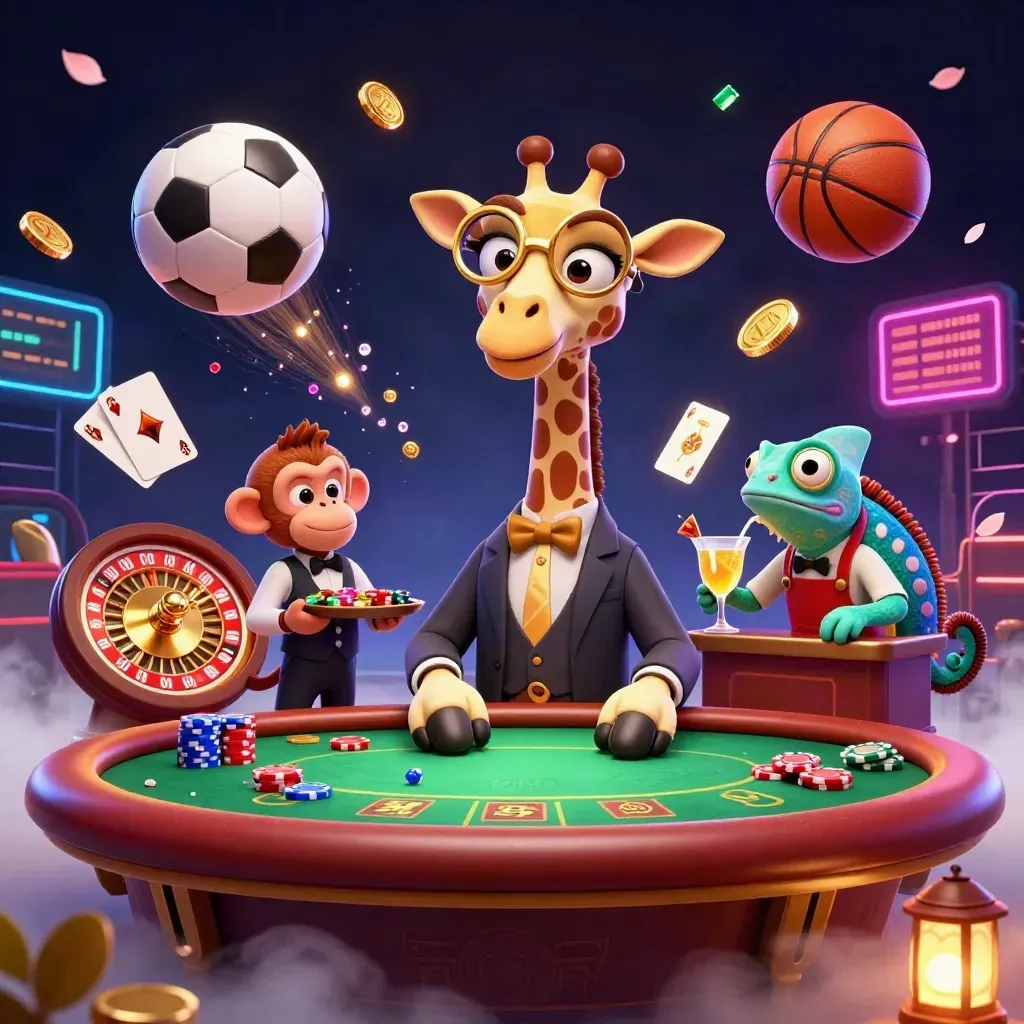 Giraffe, monkey, and chameleon amid flying chips, balls, and neon casino lights.