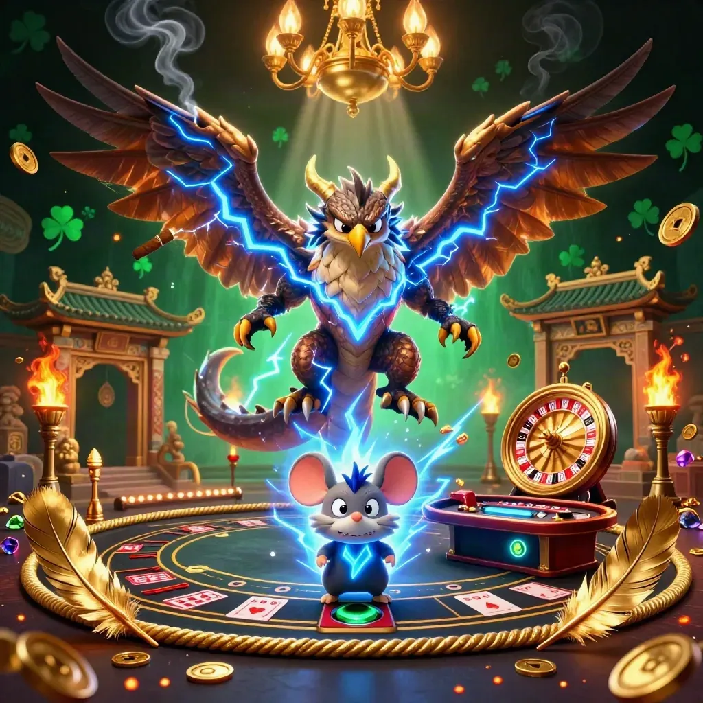 Thunder dragon, wind hawk, and static mouse in a luxe casino scene with roulette and temple gates.