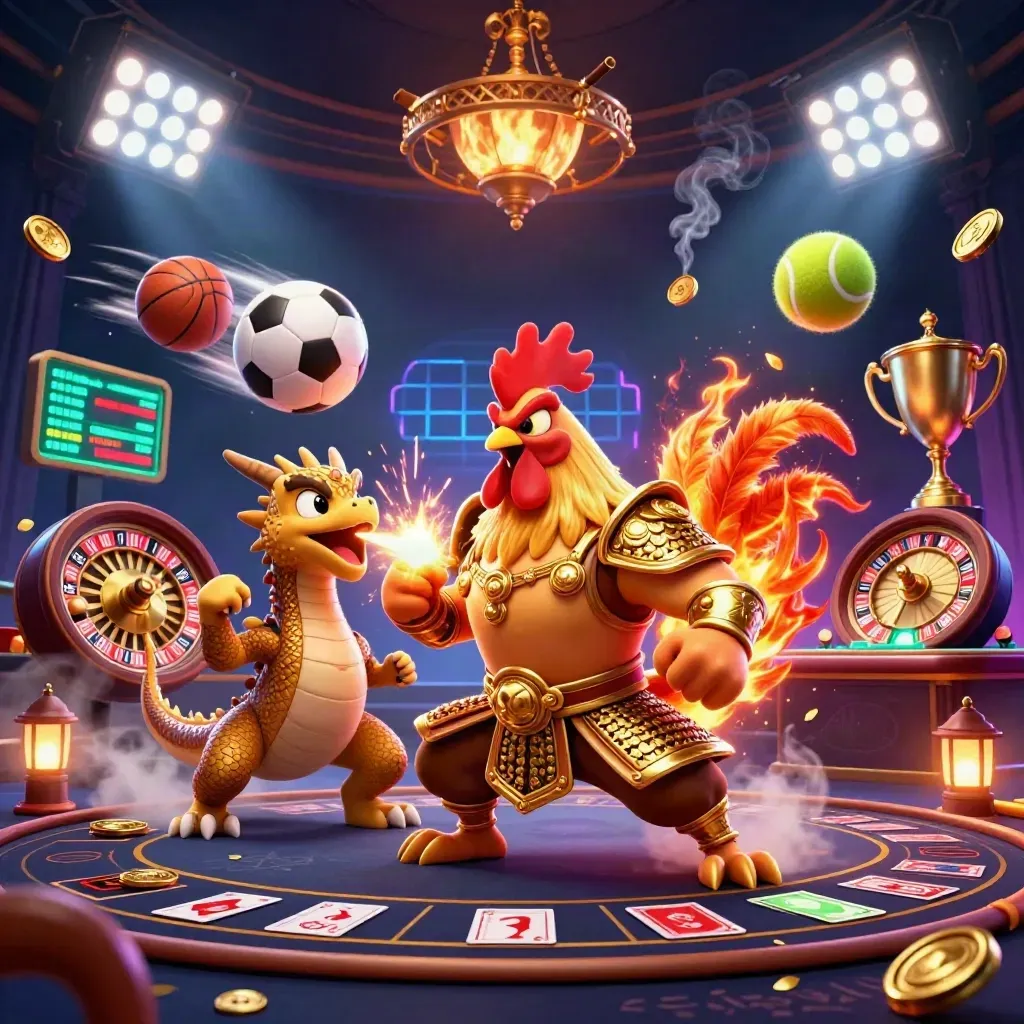 Rooster warrior, dragon hatchling, and fortune-cat amid casino lights, sports balls, and gold.
