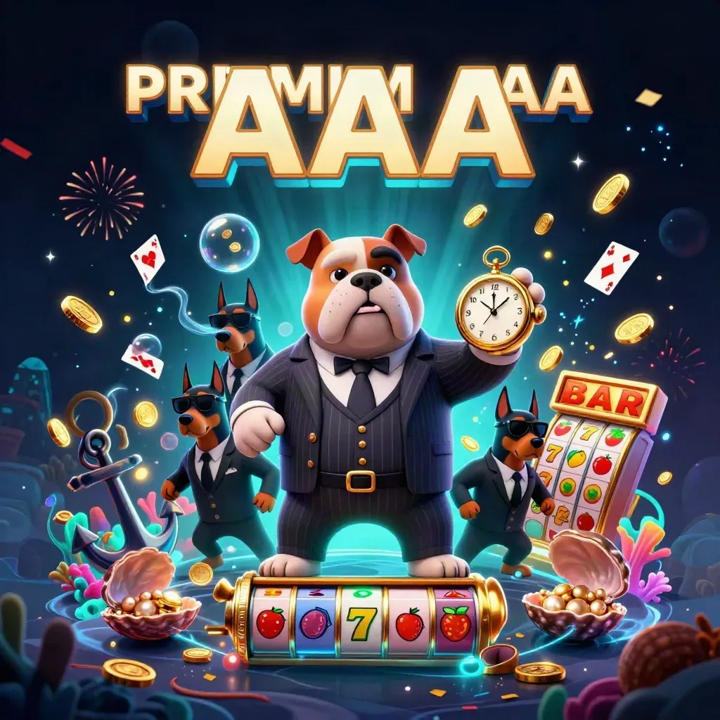 Bulldog boss and Doberman guards in a glowing treasure cove with coins, cards, and casino symbols.