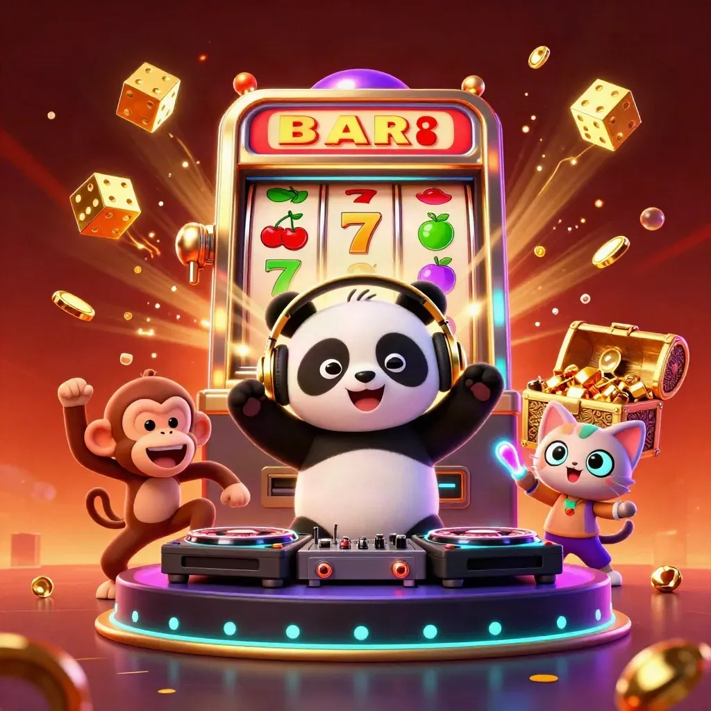 DJ panda, dancing monkey and glow-stick kitten amid exploding casino treasure and slot bursts