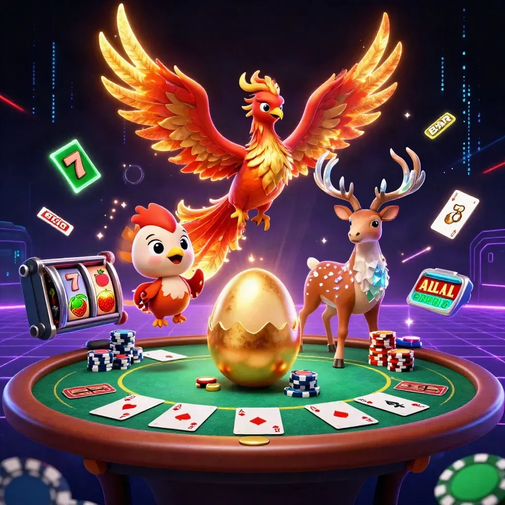 Phoenix, hatchling, and crystal stag burst over casino cards and chips in neon green glow.