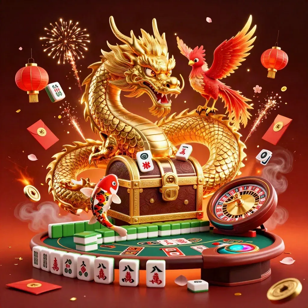 Golden dragon with phoenix and koi amid casino symbols, glowing in crimson ember light