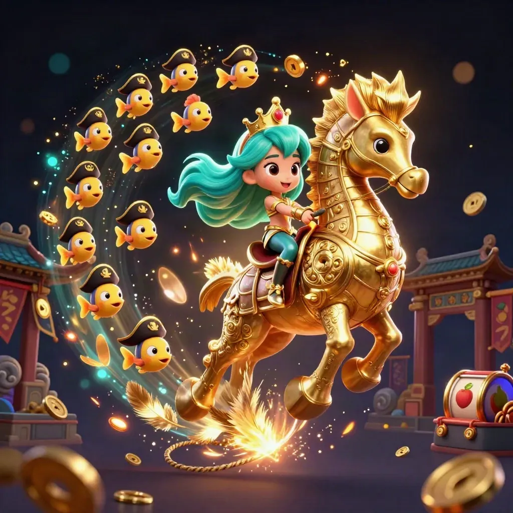 Mermaid princess on armored seahorse with pirate fish, treasure burst, temple gate, dark neon glow