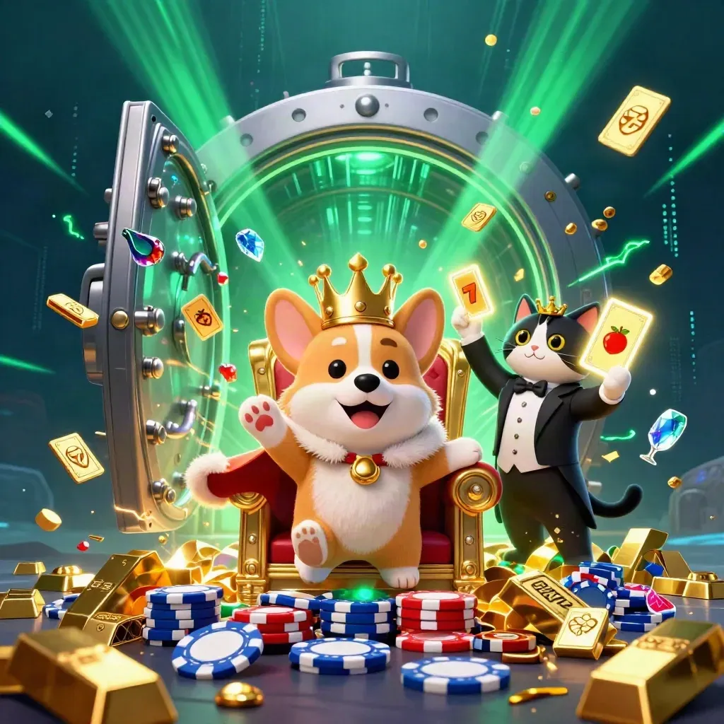 Crowned corgi and cat butler burst treasure from an opening vault amid neon casino glow.