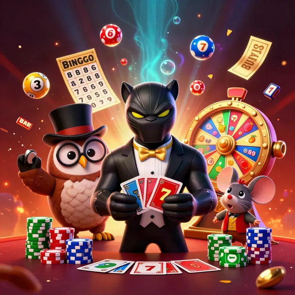 Panther, owl, and mouse deal cards amid chips, lottery balls, reels, and glowing casino effects.