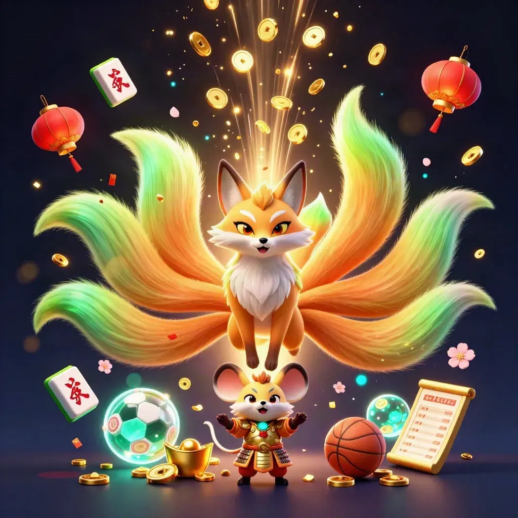 Fox spirit and armored mouse amid gold coins, lanterns, fireworks, and sports betting symbols