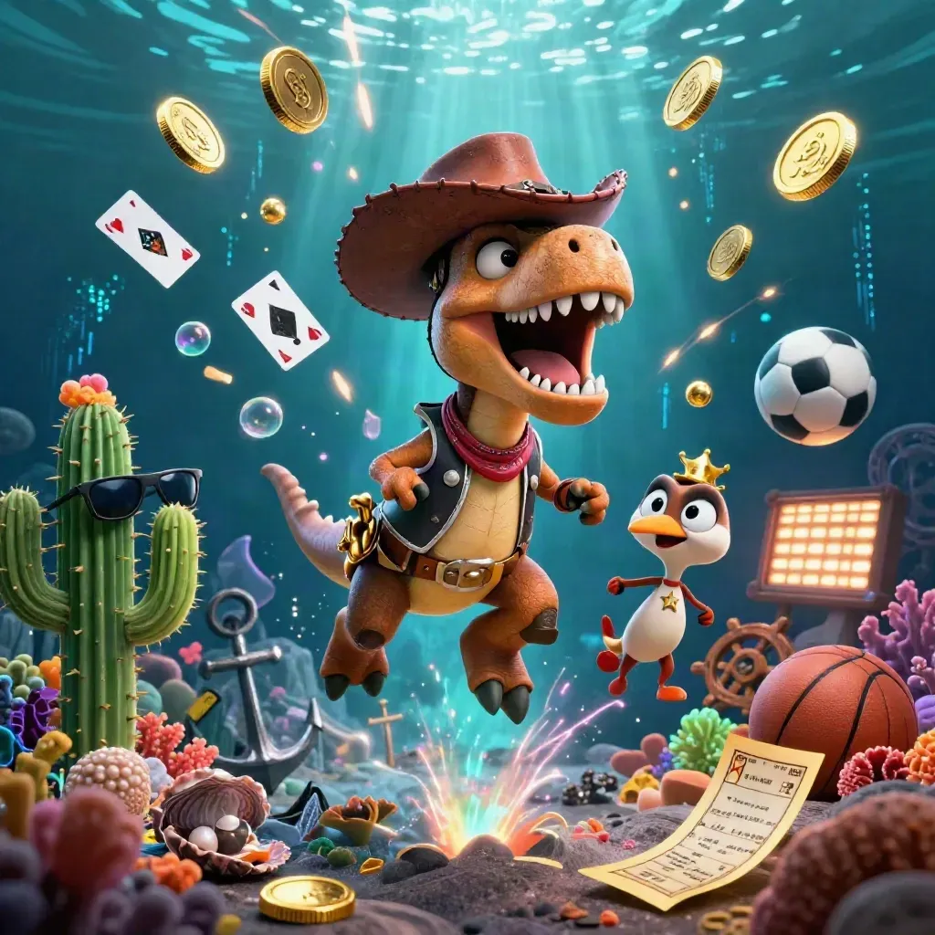 Cowboy T-Rex, cactus, and roadrunner amid coins, coral, and treasure in a glowing underwater casino scene.