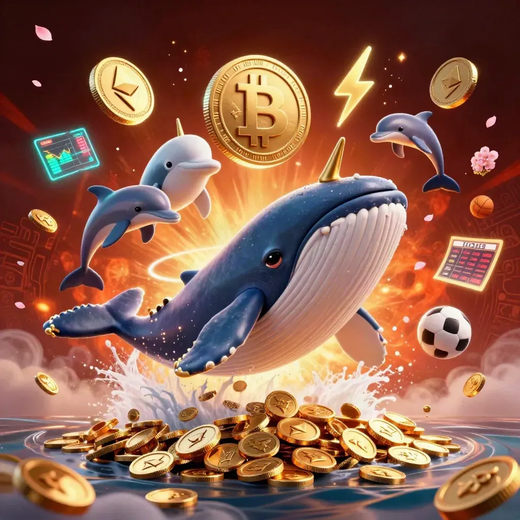 Whale captain, narwhal, and dolphins burst through gold coins with casino betting symbols and glowing effects.
