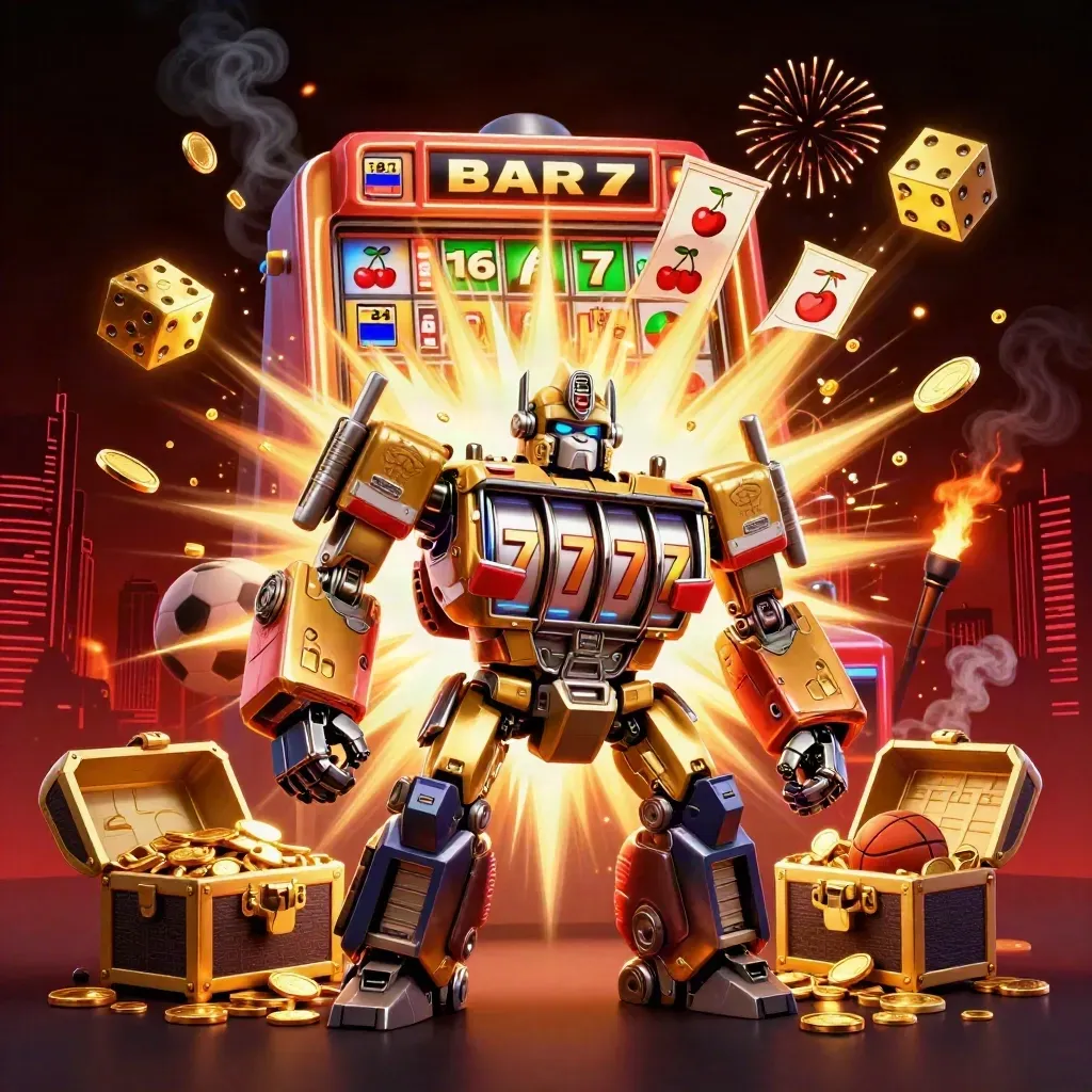 Golden gorilla mech bursts from a slot machine with coins, fireworks, and sports bets.