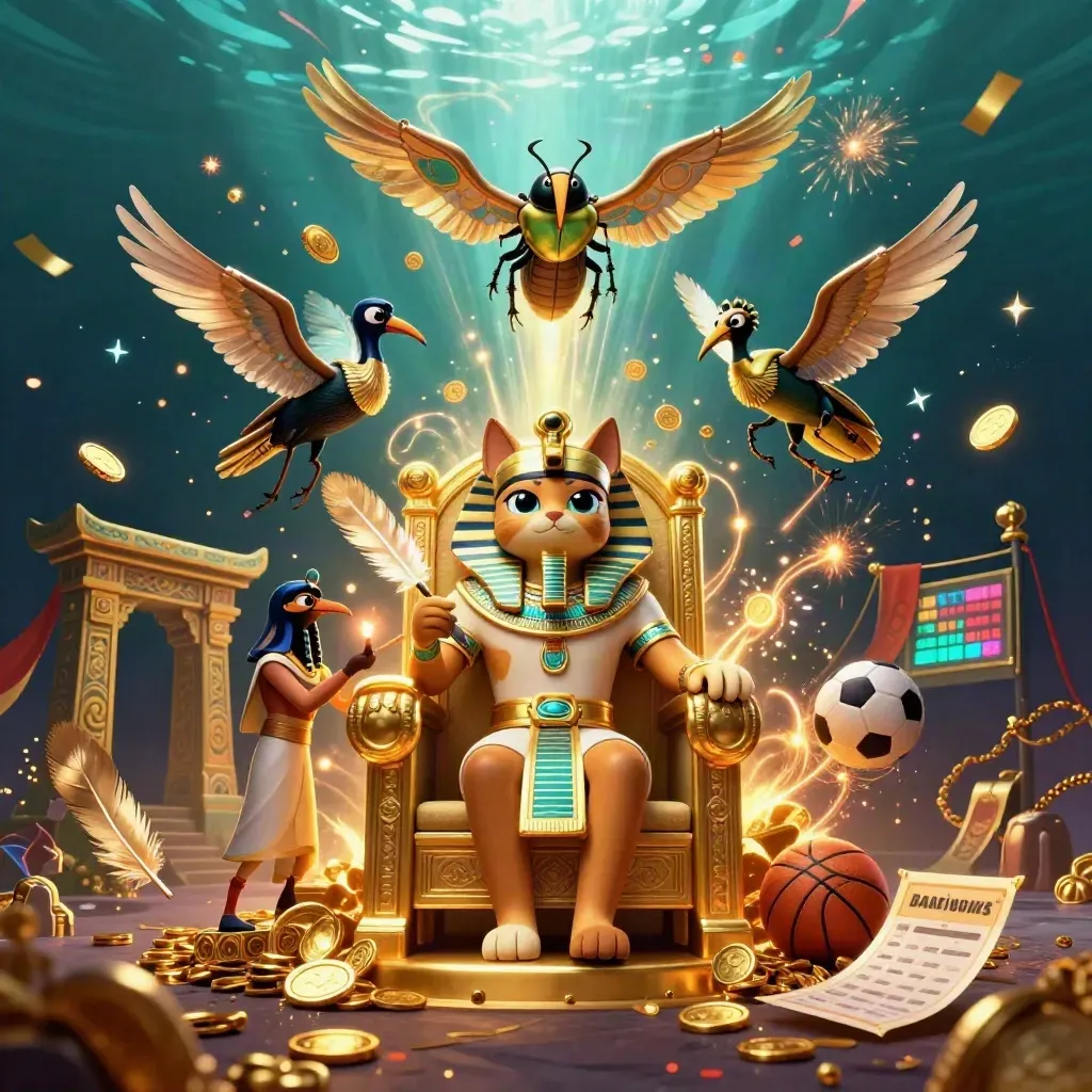 Pharaoh cat, ibis scribe, and scarabs in a vault burst of gold coins and fireworks.