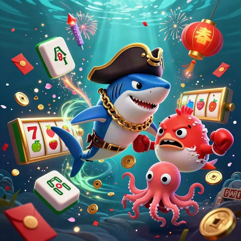 Shark pirate, boxing pufferfish, and coin-juggling octopus amid casino symbols underwater
