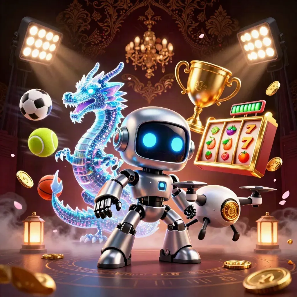 Cyberpunk robot, AI dragon, coin drone, casino effects, and sports icons in a dark luxury burst.
