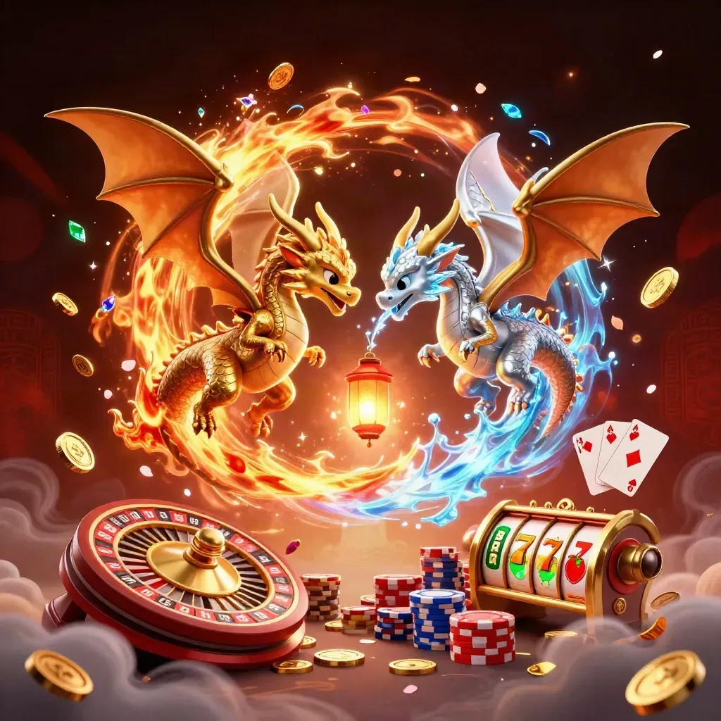 Gold and silver dragons spiral with casino symbols, coins, cards, chips, and glowing ember magic.