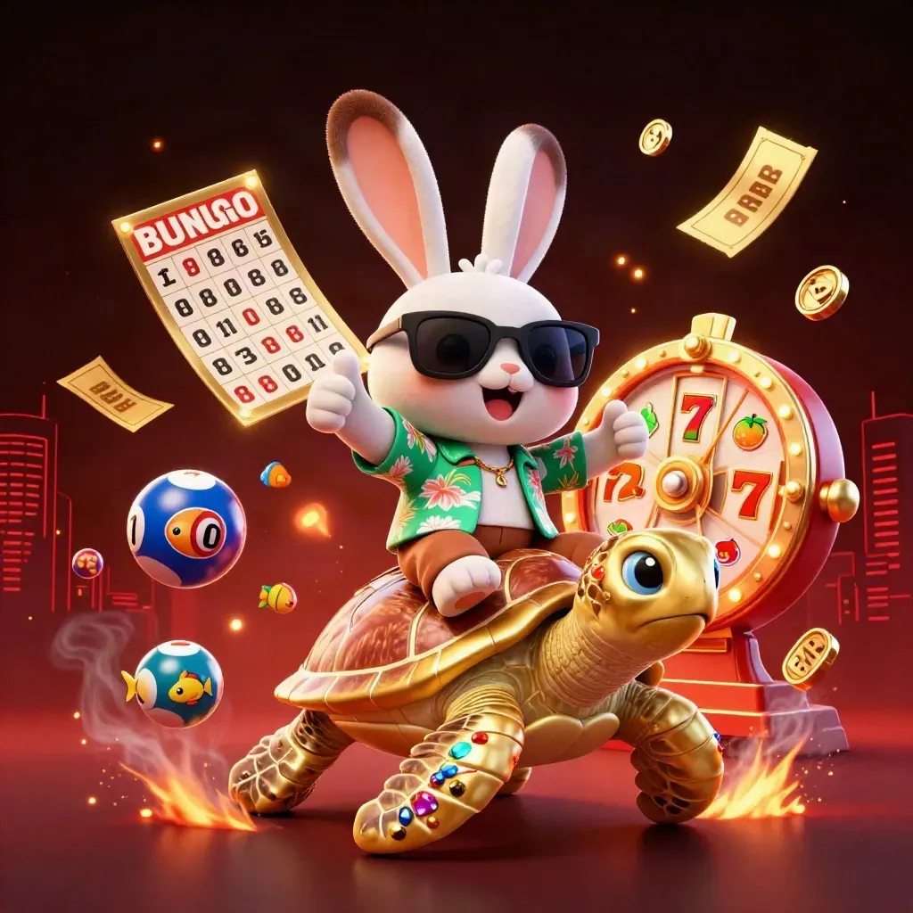 Lucky rabbit rides a gem-shell sea turtle amid casino game bursts on a dark neon stage.