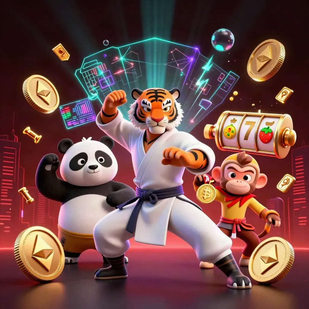 Tiger kung-fu master with panda and monkey amid casino coins, reels, lightning, and neon glow.