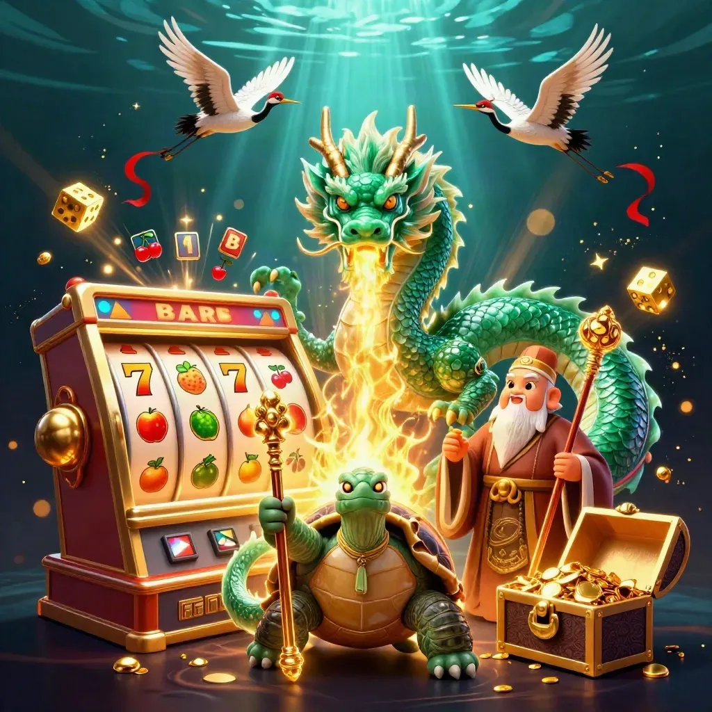 Emerald dragon, turtle sage and cranes amid jackpot bursts in a dark neon casino scene