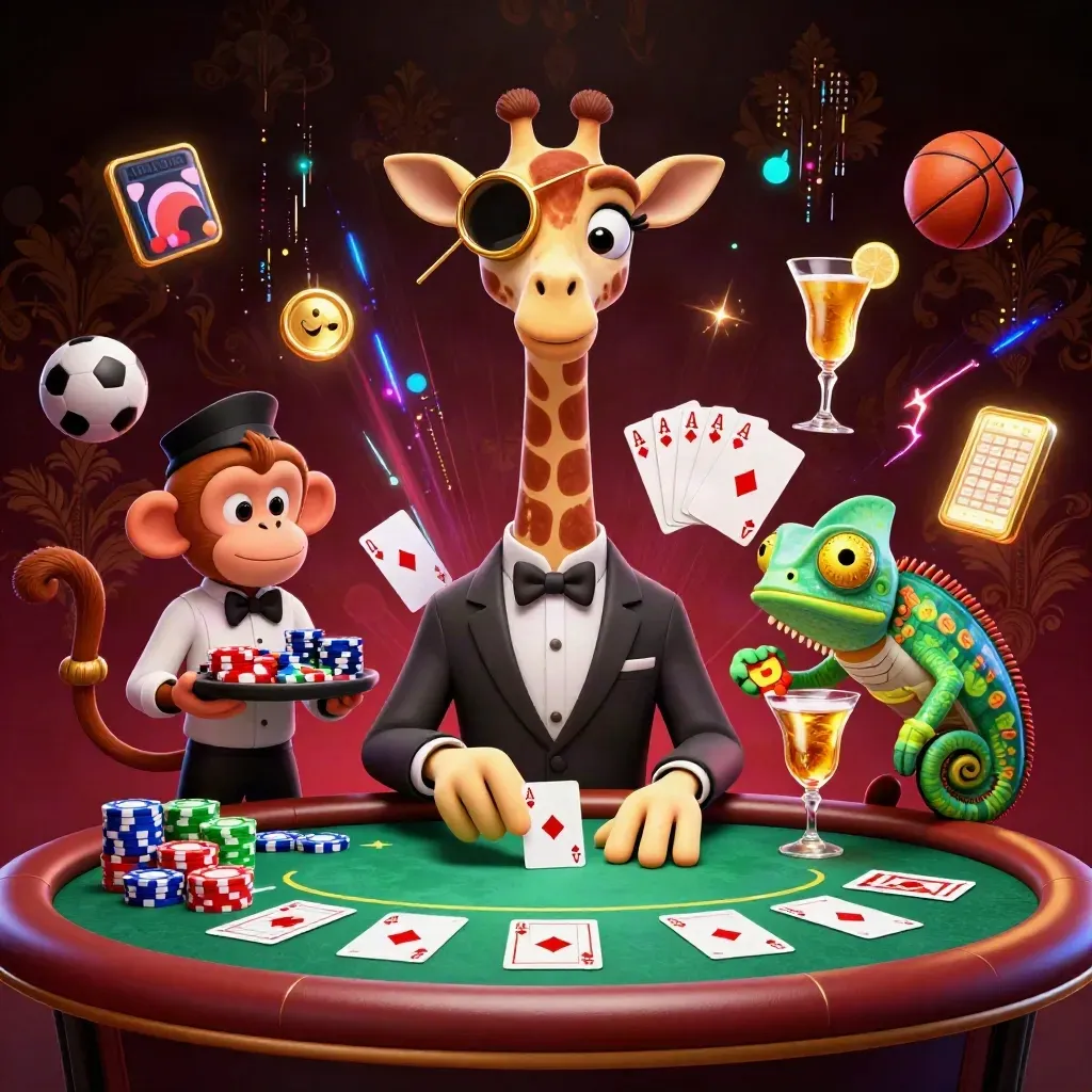 Giraffe high-roller, monkey valet, and chameleon bartender at a glowing casino poker table.