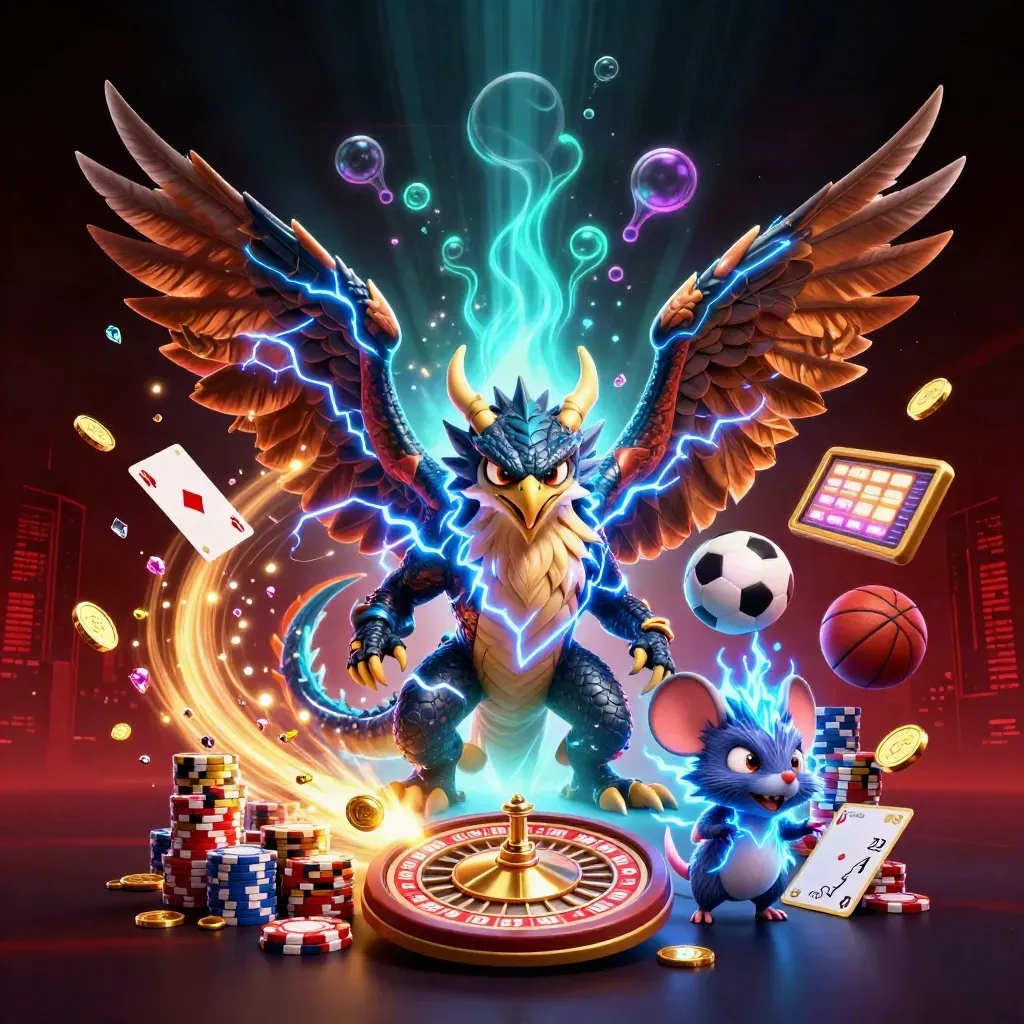 Thunder dragon, glowing hawk, and static mouse amid casino coins, cards, chips, and neon lightning