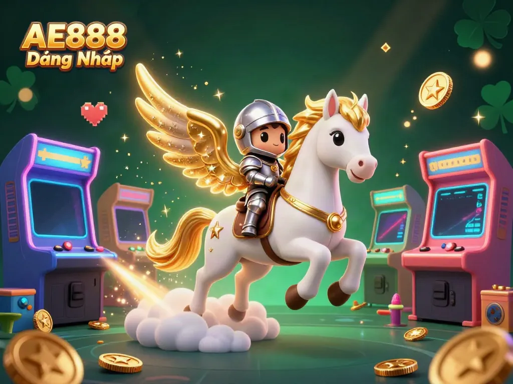 Engage with the AE888 Đăng Nhập adventure in this vibrant 3D casino scene featuring a celestial horse and knight.