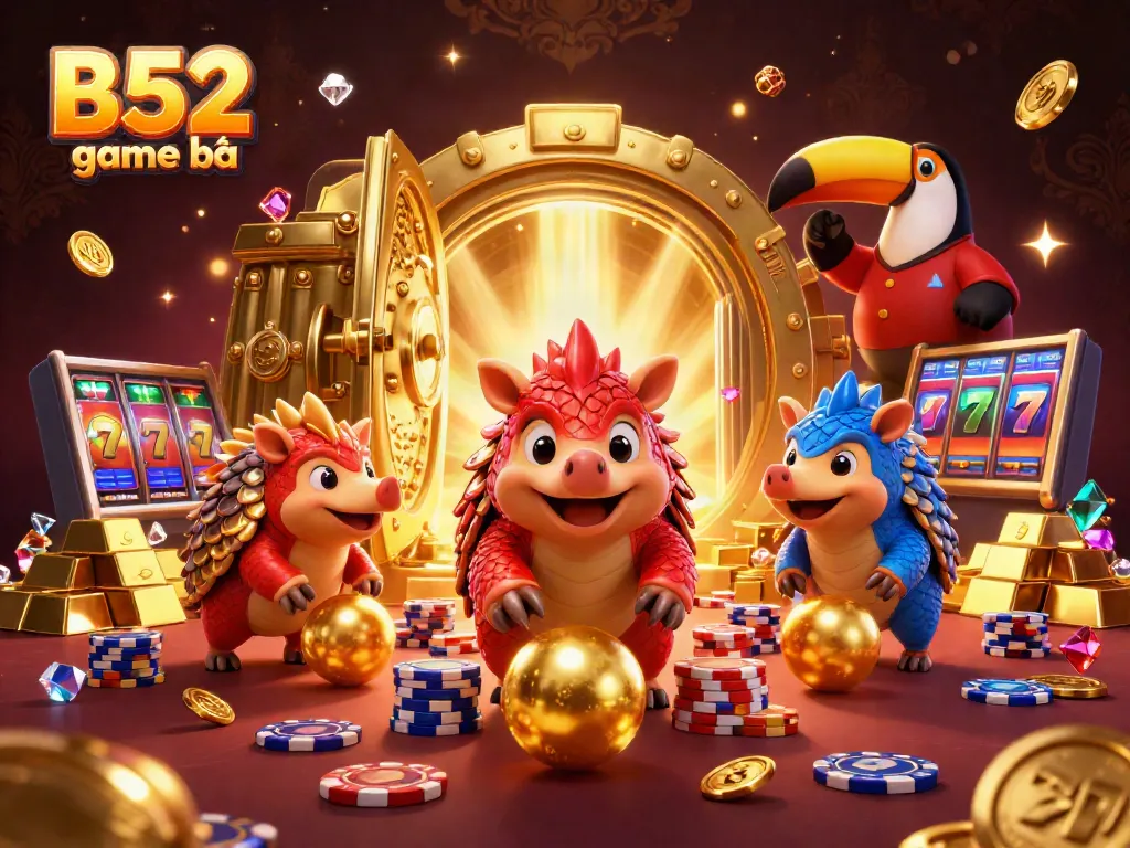 Experience the excitement of B52 game bài with rival pangolins in a lively casino scene.