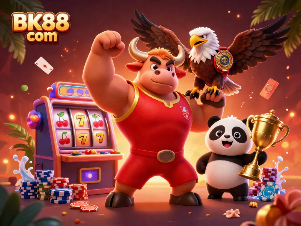 Experience the thrill of BK88 com with dynamic characters celebrating casino wins amidst vibrant game elements.