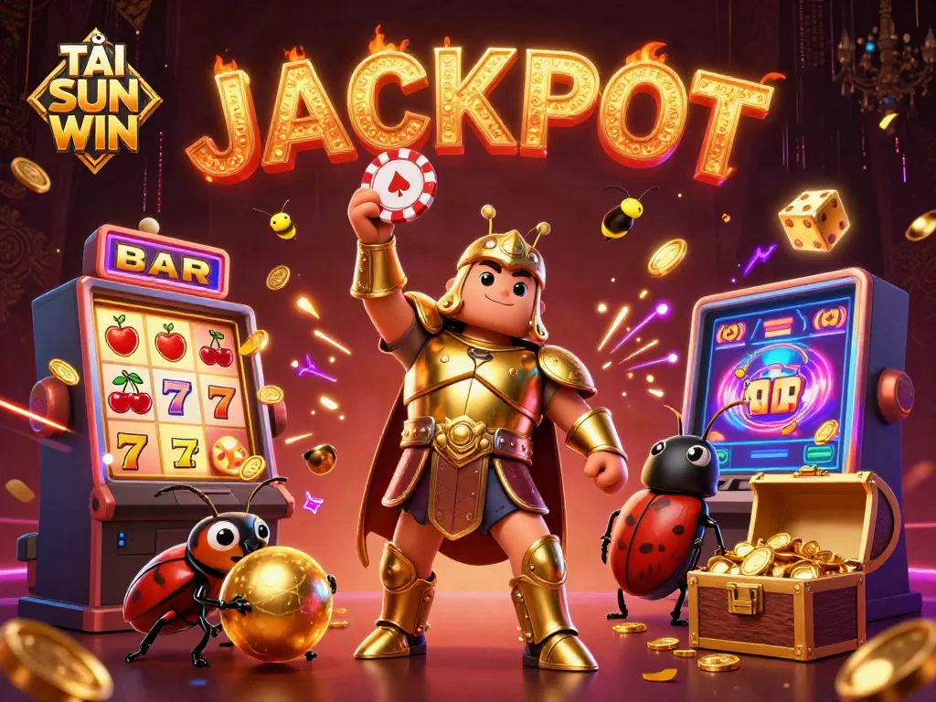 Experience the vibrant thrill of TẢI SUN WIN with 3D fantasy characters celebrating a jackpot win amidst colorful casino features.