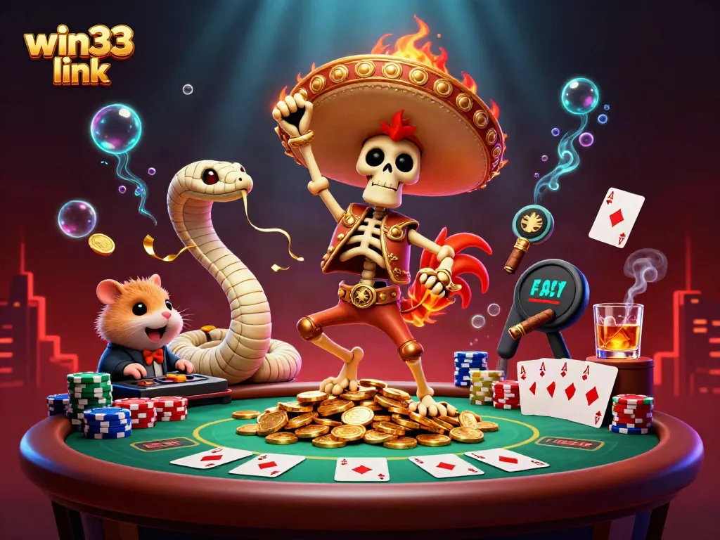 Experience lively gaming vibes with win33 link in this detailed 3D illustration featuring festive casino characters.