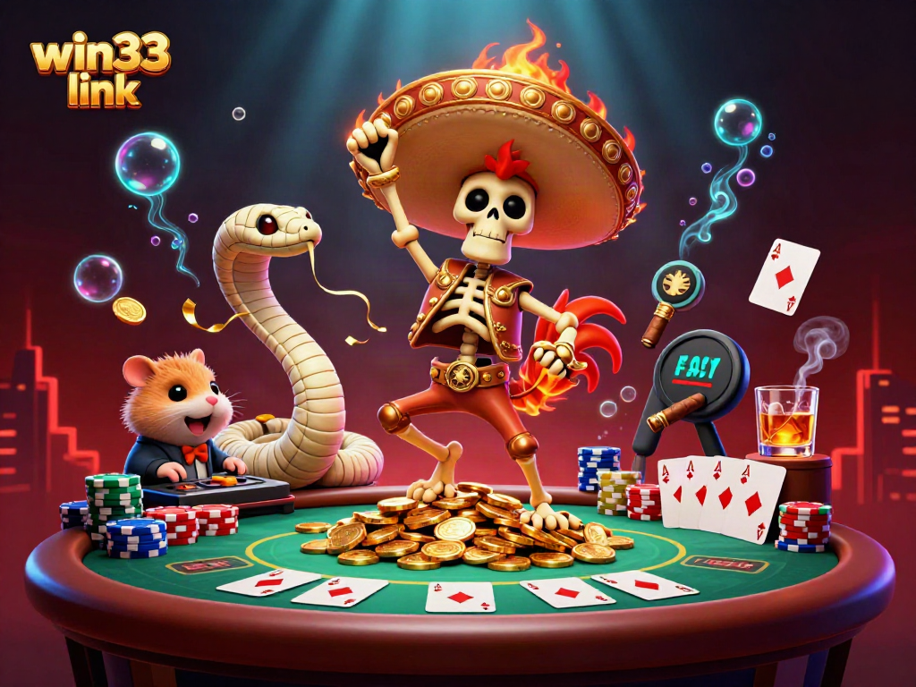 Experience lively gaming vibes with win33 link in this detailed 3D illustration featuring festive casino characters.