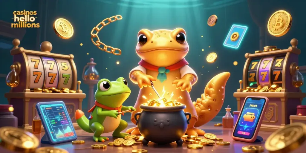 Engage with casinos like hello millions in an imaginative scene featuring a golden salamander alchemist and animated elements.