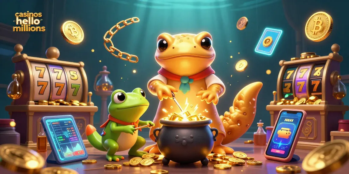 Engage with casinos like hello millions in an imaginative scene featuring a golden salamander alchemist and animated elements.