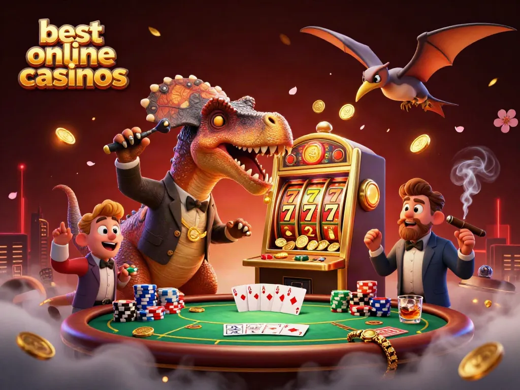 Experience the excitement at the best online casinos with a jackpot scene featuring dinosaurs and casino elements.