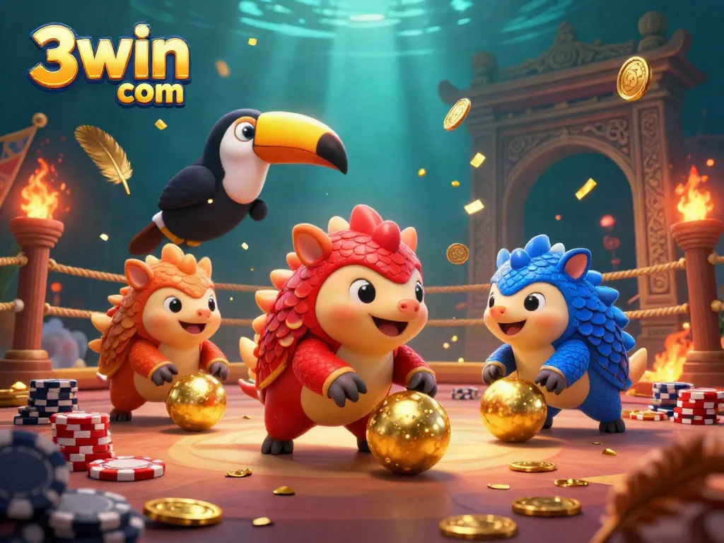 Experience thrilling action with 3win com in this vibrant casino scene, featuring rival pangolins and dynamic casino elements.