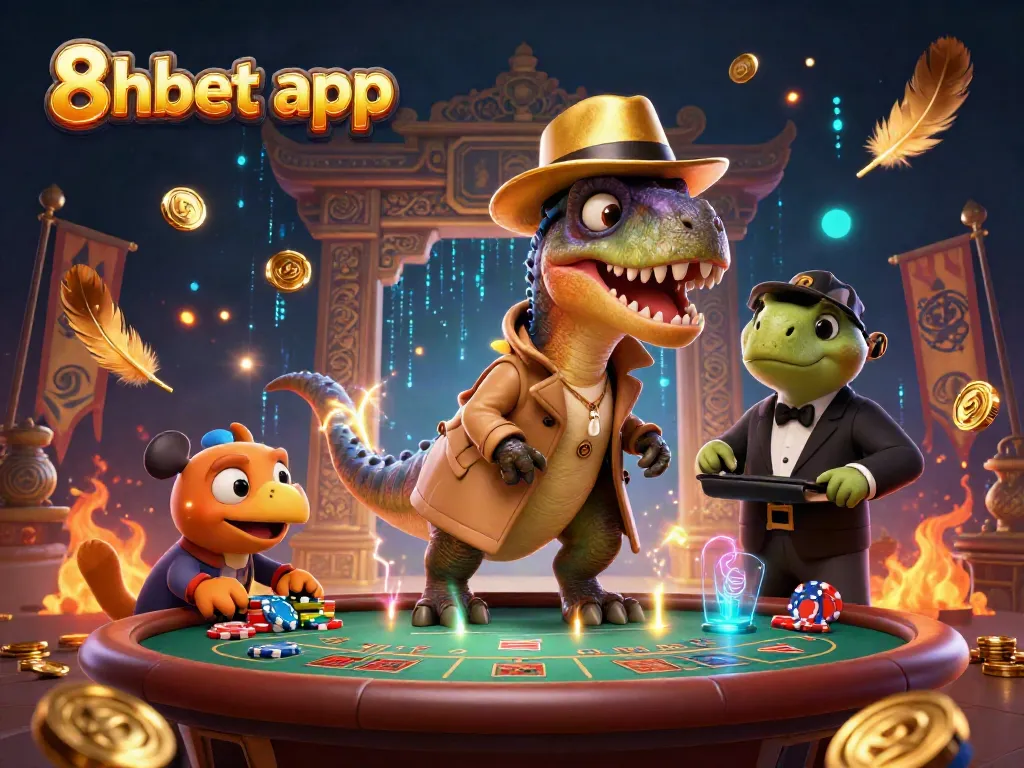 Engage with exciting gaming action on the 8xbet app, featuring a cartoon velociraptor at a blackjack table.