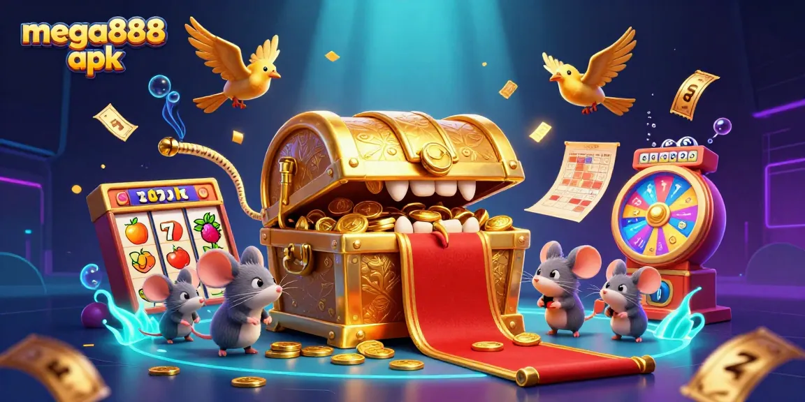 Mega888 apk memikat pemain dengan peti harta karun dan simbol permainan kasino yang menarik di sekelilingnya.