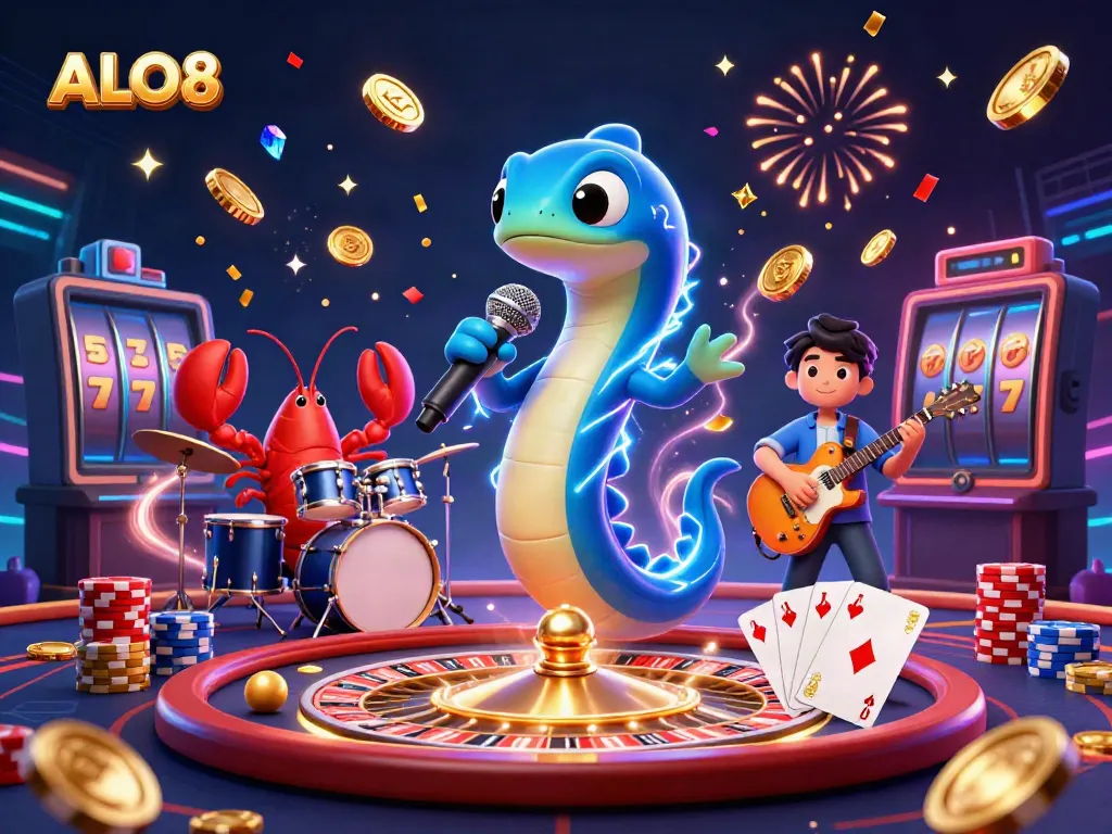 Experience the vibrant underwater casino scene of ALO8 with an electric eel DJ, lobster drummer, and seahorse guitarist.