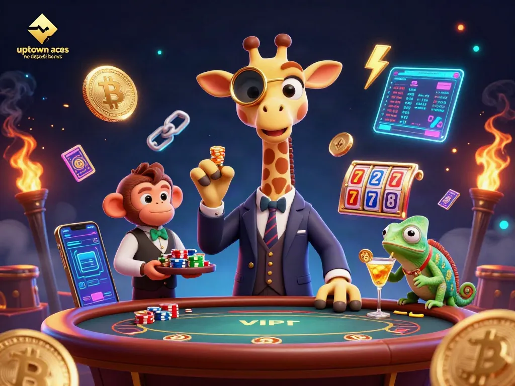 Play with uptown aces no deposit bonus while surrounded by a vibrant casino scene featuring slots and cryptocurrencies.