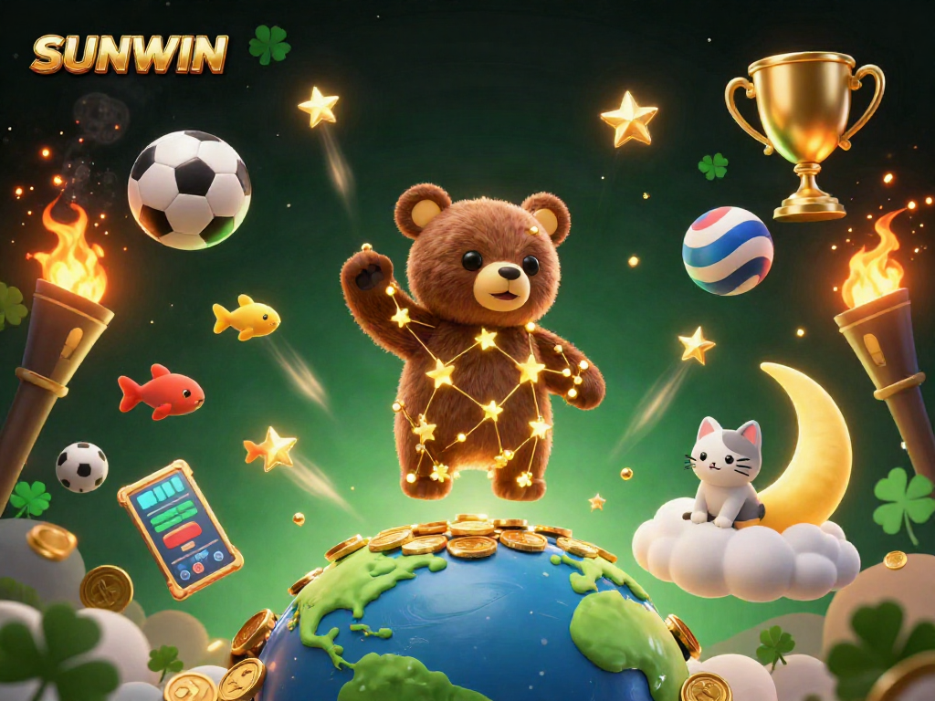 SUNWIN gaming scene showing a golden constellation bear gathering coins surrounded by dynamic sports elements.