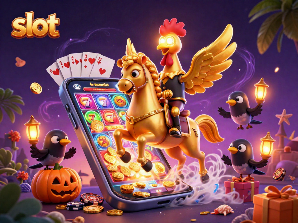 Watch exciting slot action with golden rooster and spooky companions in a vibrant casino scene.